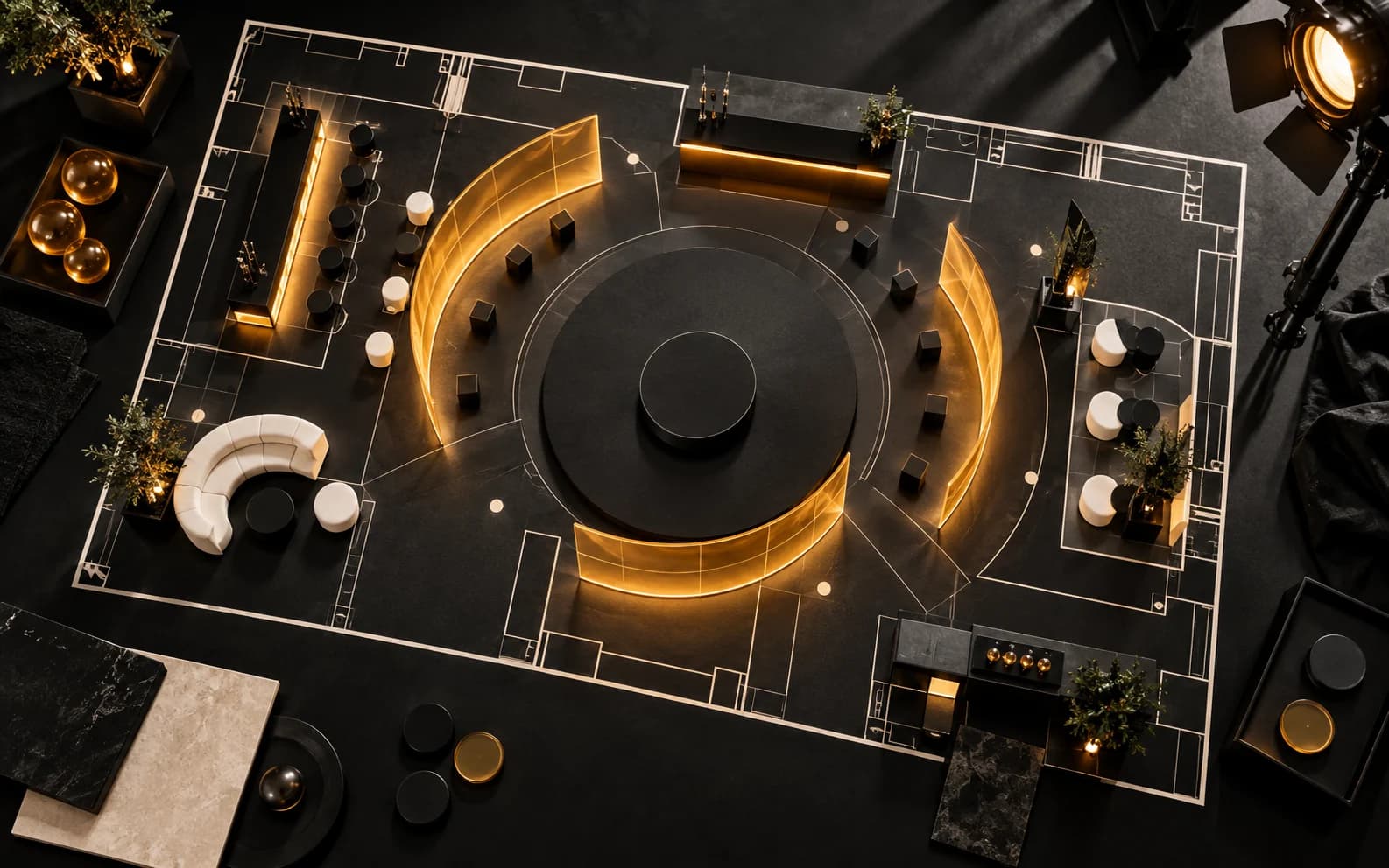 Top-down activation floor plan with black staging and curved amber light structures