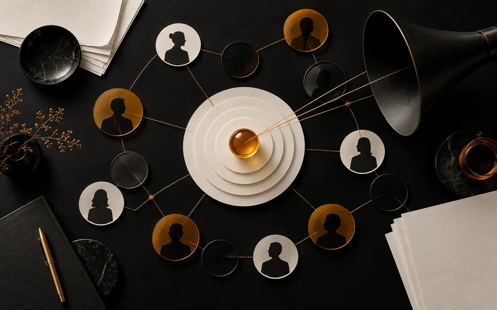 Black public relations table with connected portrait silhouettes, paper rings, and an abstract sound funnel