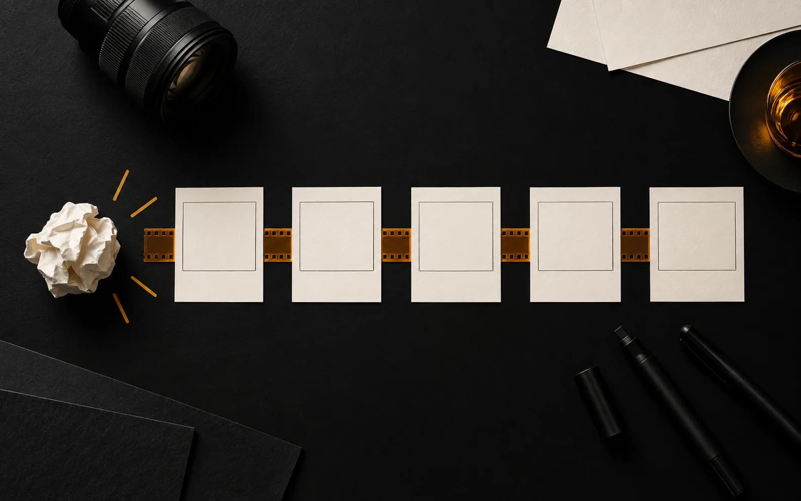 Black content production table with blank storyboard frames connected by an amber film strip