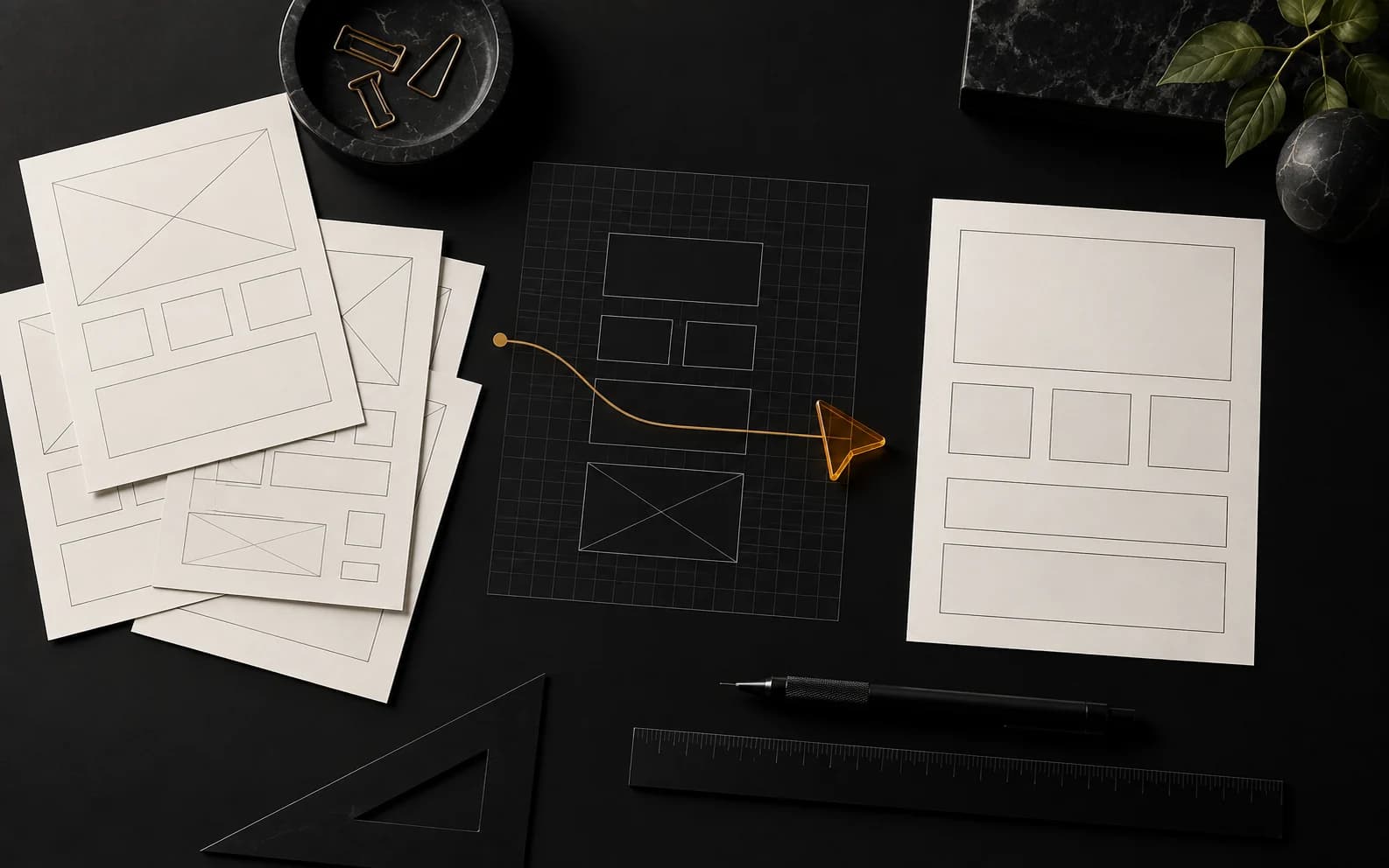 Black web design table with blank wireframes, a grid, and an amber directional pointer