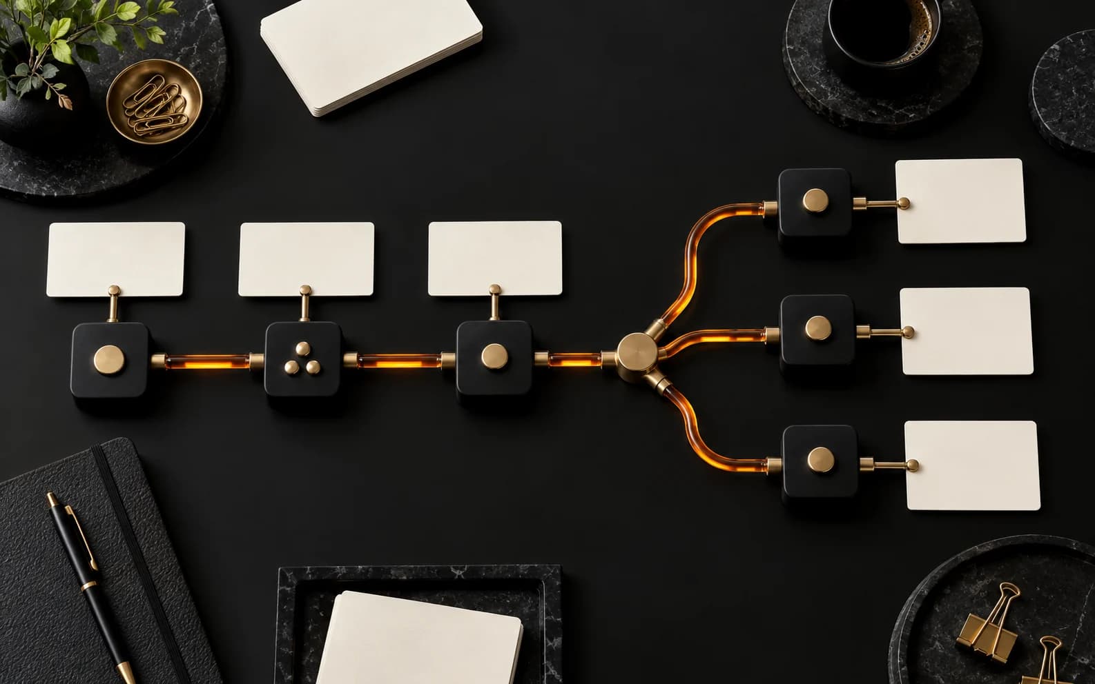 Black automation table with connected workflow nodes, blank cards, and glowing amber paths