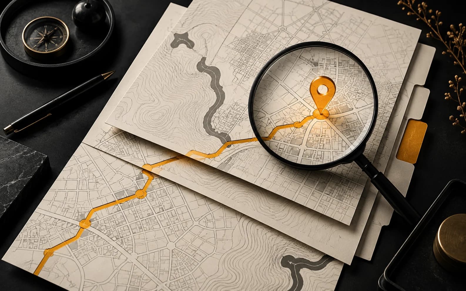 Layered local maps with an amber route and discovery point under a magnifying glass