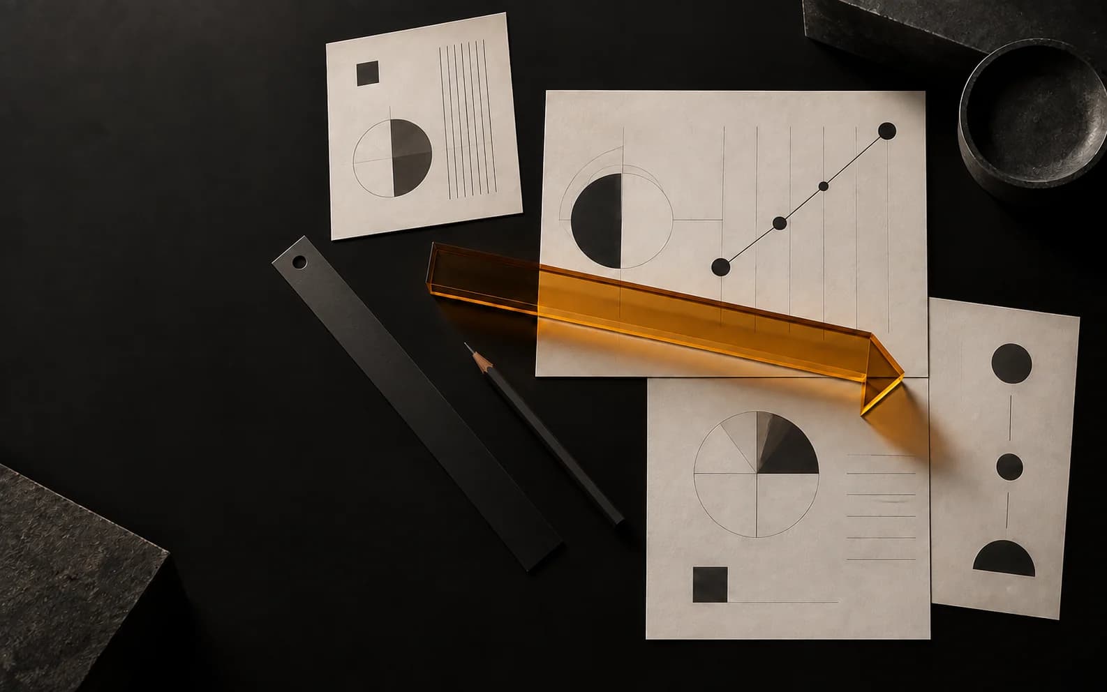 Black strategy table with planning sheets and an amber directional object